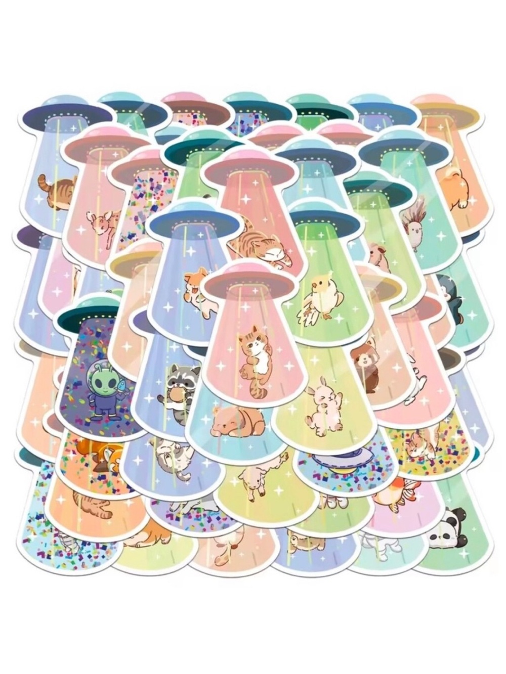 Pastel UFO Animal Sticker Pack - Cute Multicolor Beam Designs